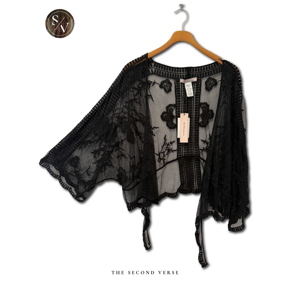 BCBGeneration Black Mesh Embroidered Kimono Shrug Sheer Lace Floral O/S